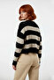 Women's Oversized Crew Neck Striped Crop Acrylic Knit Sweater with Draping Detail Comfortable Chic Quality - 4