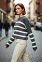 Women's Oversize Fit Gray Striped Crew Neck Crop Knit Sweater Long Low Sleeve Detail High Quality