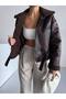 Women's Laminated Leather Fur Belt Detailed Luxury Quality Coat Bitter Brown - 4