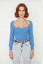 Women's Regular Fit Long Sleeve Crop Brown Heart Neck Ribbed Acrylic Knitwear Sweater Casual Chic - 2