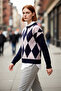 Women's Oversized Crew Neck Argyle Patterned Low-Sleeve Knit Sweater Adds Elegance to Winter Style