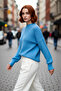 Women's Oversize Balloon Sleeve Thessaloniki Woven Crew Neck Long Plain Basic Knitwear Sweater 100% Acrylic