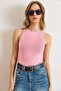 Women's Candy Pink Crew Neck Tok Buzzy Ribbed Stretchy Blouse Blz-19003138 - 3