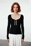 Women's Pool Collar Ribbed Knit Sweater with Ribbon Bow Detail Complements Your Elegance with Its Slim Structure - 2