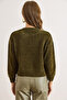 Women's Khaki Stand Collar Stitching Detailed Crop Chenille Sweater Kzk-19001034 - 3