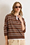 Women's Coffee White Polo Neck Thin Striped Thin Knitwear Sweater Kzk-19001033 - 5