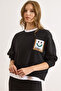 Women's Black Patch Smiling Face Detailed Bat Unlined Sweatshirt Swt-19000764