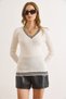 Women's Ecru V-Neck Stripe Detailed Hair Knit Sweater Kzk-19001027 - 5