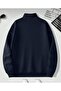 Navy Blue Stand Collar Plain Oversize Pullover Sweatshirt - 3
