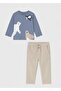 North Long Sleeve Sweatshirt with Inner Lining and Velvet Pants Set (for Ages 01-04) - Beige/Blue