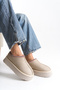 Lumi Beige Suede Thick Sole Daily Winter Slippers with Fur Inside - 2