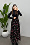 Women's Red Leaf Printed Maxi Tulle Skirt with Back Elastic Detail and Zipper - 2