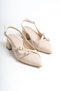 Bej Patent Leather Pointed Toe Buckle 4 cm Thick Heeled Women's Shoes