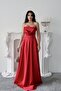 Red Bust Draped Strapless Satin Evening Dress