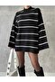 Black Oversize Striped Half Fisherman Women's Knitwear Tunic Sweater