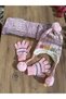 Girl's Pink Colorful Button Detailed Lace Scarf Beanie Gloves Set