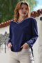 Navy Blue V-Neck Long Sleeve Slim Slit Knitwear Sweater 65 60 - 5