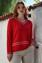 Red V-Neck Long Sleeve Slit Striped Knitwear Sweater 65 60 - 3
