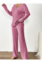 Pink Ribbed Knit V Neck T-Shirt and Pyjama Set - 4