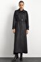Shirt Collar Snap Fastener and Leather Detail Gabardine Suede Top Coat Black 6799