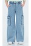 Girl's Cargo Jeans with Cargo Pockets and Elastic Waistband - Blue