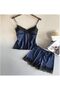 Satin Cami Top & Shorts Pajama Set with Lace Trim - One Size (Dark Blue) - 5