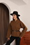 Brown Cashmere Double-Breasted Women's Jacket with Off-Shoulder and Belt Detail - 4