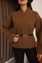 Brown Cashmere Double-Breasted Women's Jacket with Off-Shoulder and Belt Detail - 6