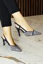 Sacha Premium Navy Blue Crepe Stone Open Back Pointed Toe Thin Heeled Evening Dress Shoes