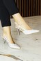 Sacha Premium Silver Crepe Stone Open Back Pointed Toe Thin Heeled Evening Dress Shoes