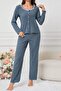 Blue Cotton Lace Detailed Buttoned Pajama Set - 3