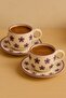 Purple Flower Detailed Handmade Ceramic Set of 2 Turkish Coffee Cups Stylish Elegant Special Design - 3