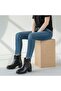 Black Genuine Leather Women's Boots with Zipper Detail and Button Accessories, Elastic Back - 3