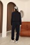 Navy Blue Terry Cloth Long Sleeve Crop Tracksuit Set with Elastic Waist and Cuff Detail - 7