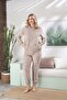 Women's Hooded Beige Color Velvet Long Sleeve Elastic Set - 2