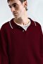 Gold Buttoned Contrast Striped Polo Neck Burgundy Sweater