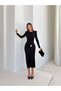 Black Long Sleeve Draped Padded Sun Dress – Brooch Accessory, Stylish Event and Evening Dress 7537