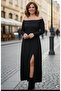 Women's Plus Size Madonna Collar Front Slit Sandy Long Sleeve Stretchy Long Dress