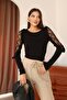 Black Crew Neck Blouse with Lace and Ruffle Detail on the Sleeves - 4