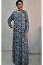 Long-Sleeved, Long-Length, Blue Latte Indigo Patterned Combed Viscose Dress with Cut-Out Details at the Front and Back, Made of Fabric. - 4