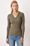 Women's Khaki V-Neck Soft Textured Collar Lace Long Sleeve Blouse Arm-26K001028