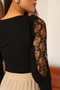 Black Crew Neck Blouse with Lace and Ruffle Detail on the Sleeves - 7