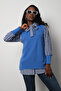 Women's Blue Ribbed Knit Sweater and Checkered Shirt Two-Piece Combination