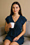 Women's Navy Blue Side Slit Buckle V-Neck Mini Beach Dress - 8