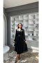 Double-Breasted Collar Dress with Silvery Belt Detail - 2