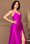 Organza Satin Back Drawstring Long Evening Dress - Fuchsia - 4