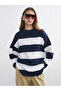 Lcw Modest Blue Crew Neck Striped Oversize Women's Knitwear Sweater - 3