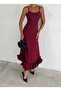 Ruffle Detailed Adjustable Straps Zippered Maxi Length Evening Dress Stylish Night