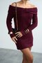 Women's Burgundy Degaje Collar Hair Braided Knitwear Dress - 3