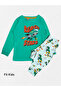 Boys' 100% Cotton Combed Fabric Green Dinosaur Rocket Patterned Long Sleeve Seasonal Pajama Set - 2